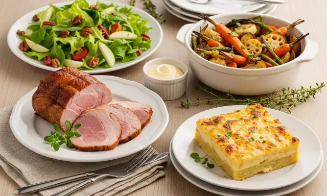 Un rôti de porc froid tranché, servi avec une salade verte croquante, des légumes rôtis, un gratin et une sauce crémeuse. Parfait pour un repas d'été.