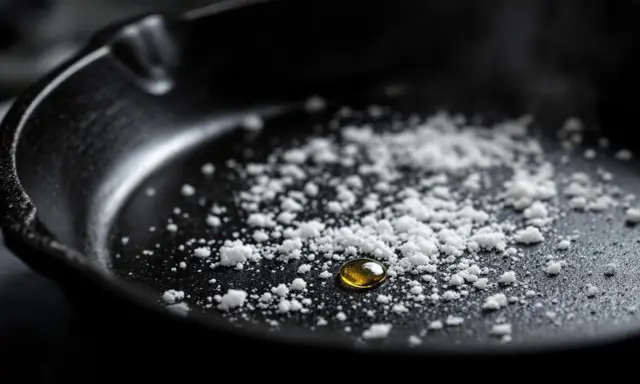 Goutte d'huile dorée sur une **casserole noircie** saupoudrée de sel. Prête pour une cuisson savoureuse.