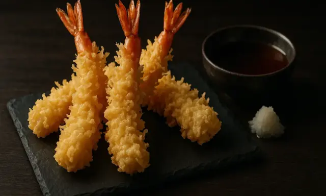 Trois crevettes tempura dorées et croustillantes, servies avec une sauce et du radis râpé. Un délice à savourer !
