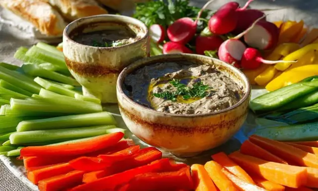 Assiette colorée de crudités avec deux bols d'anchoïade recette traditionnelle, pain et radis.