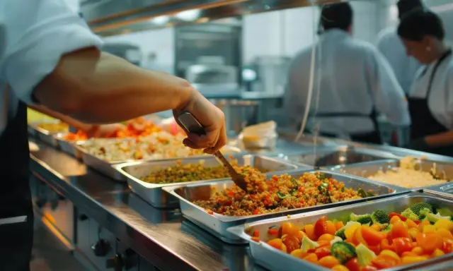 Un cuisinier sert des plats colorés dans des bacs GN 2/1. Des légumes frais et des céréales composent ce buffet appétissant.