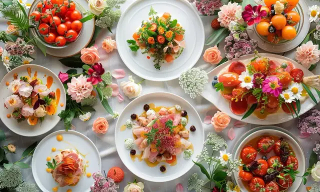 Un magnifique repas de mariage avec des assiettes colorées, des tomates cerises et des fleurs.
