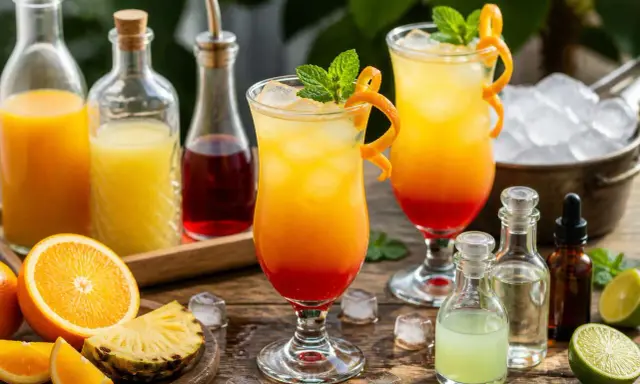 Deux cocktails sans alcool anniversaire aux couleurs vives, garni de menthe et d'écorce d'orange, avec des fruits frais et des jus en arrière-plan.