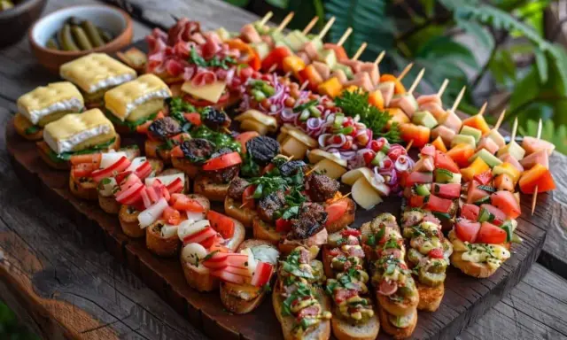 Un plateau garni de bruschettas variées et de brochettes colorées, parfait pour un apéro pas cher pour 20 personnes.