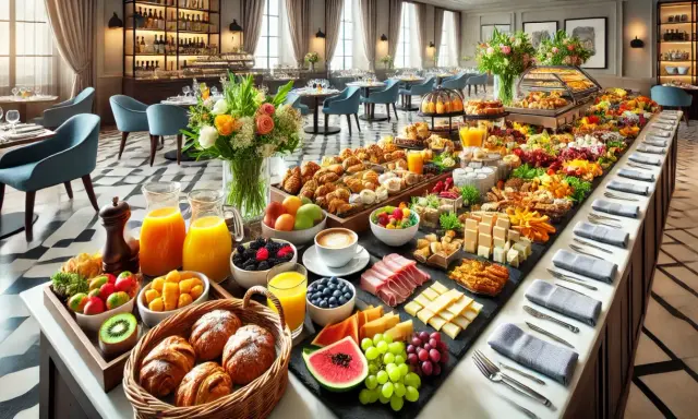 Un somptueux buffet petit déjeuner avec viennoiseries, fruits frais, jus d'orange, café et fromages.