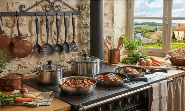Cuisine rustique avec ustensiles en cuivre et acier inoxydable, montrant l'avantage acier inoxydable pour une cuisson parfaite. Paysage bucolique en arrière-plan.