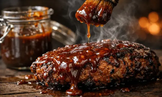 Un pinceau dépose une sauce pour barbecue brillante et fumante sur un plat de viande grillée. Un pot de sauce est visible en arrière-plan.