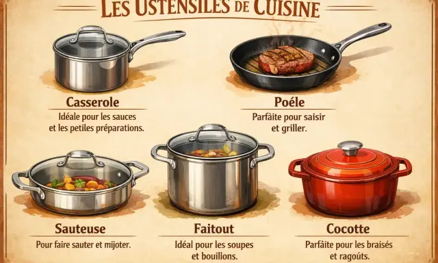 Illustration des ustensiles de cuisine. La différence entre cocotte et faitout est claire : la cocotte est rouge et idéale pour les braisés, le faitout est argenté pour soupes et bouillons.