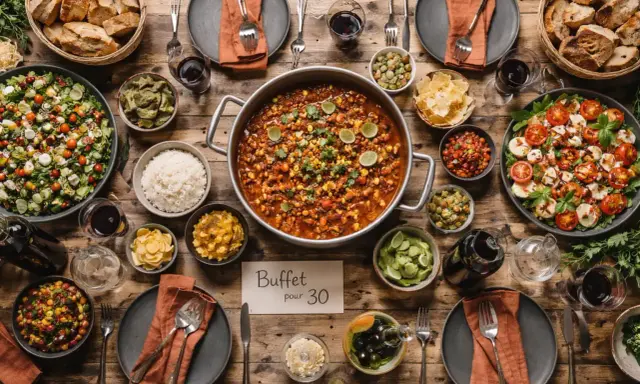 Un festin pour une cousinade : un buffet généreux avec salades, riz, ragoût, pain et guacamole.