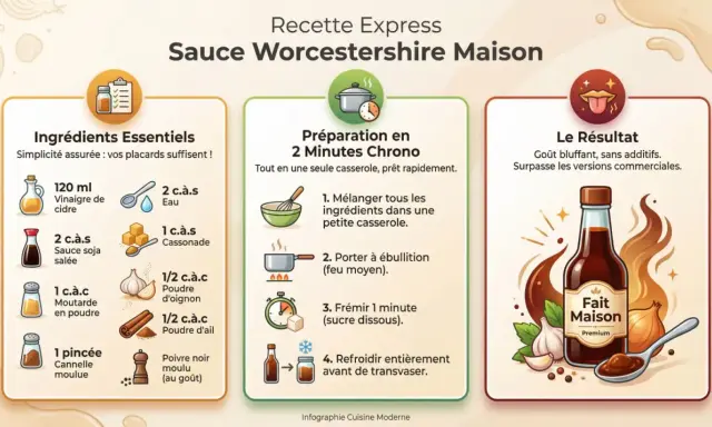 Recette de sauce Worcestershire maison : vinaigre, sauce soja, cassonade, épices. Un délice rapide à préparer !