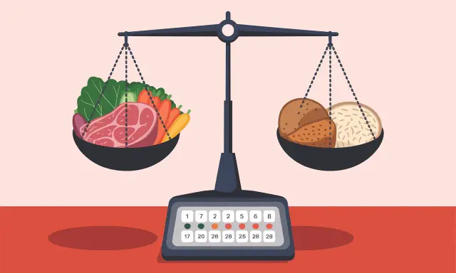Balance alimentaire : une balance pèse une pièce de viande pour un anniversaire avec des légumes d'un côté, et du pain de l'autre.
