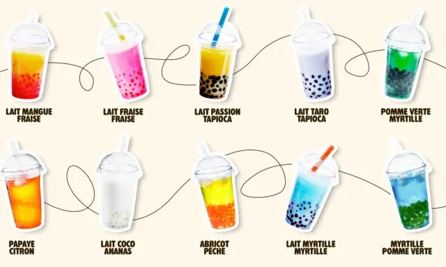 Dix bubble tea aux saveurs variées : mangue fraise, fraise, passion tapioca, taro, pomme verte myrtille, papaye citron, coco ananas, abricot pêche, myrtille, et myrtille pomme verte.
