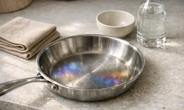 Casserole inox avec des taches bleues iridescentes sur le fond, à côté d'une serviette pliée et d'une bouteille de liquide.