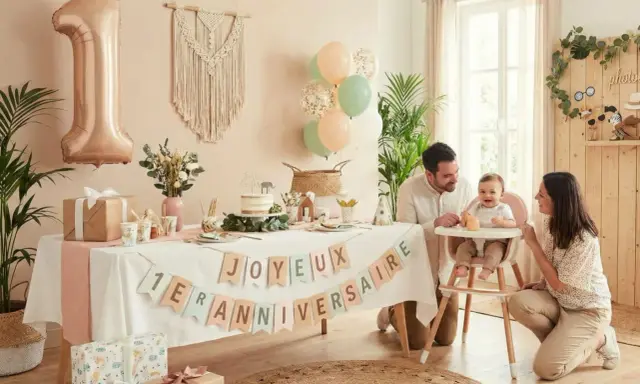 Une famille célèbre la fête découverte bébé avec un gâteau, des ballons et une bannière "Joyeux 1er Anniversaire".