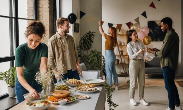 Préparatifs joyeux pour une fête familiale. Des amis décorent, gonflent des ballons et dressent une table garnie de plats savoureux.