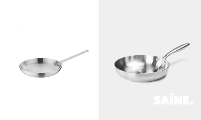 Deux poêles en inox ou aluminium, l'une à gauche, l'autre à droite avec le logo SAINE.