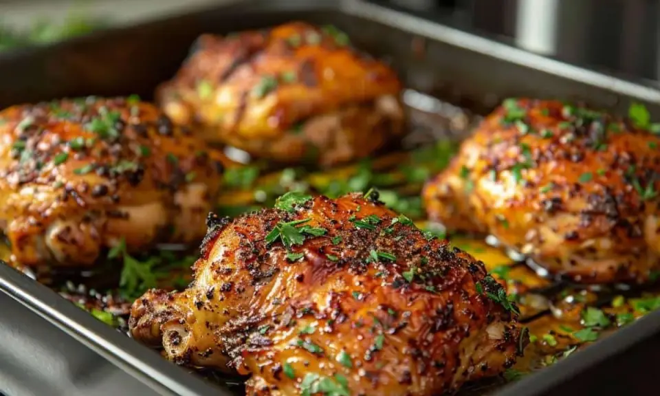 Quatre morceaux de poulet rôtis, parsemés de persil frais, parfaits pour une recette poulet froid pour buffet.