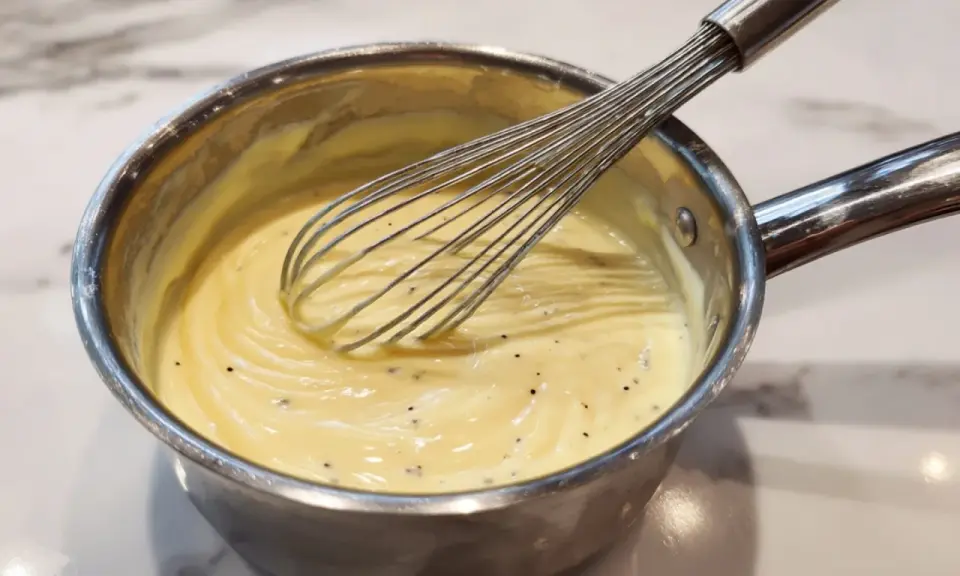 Préparation d'une crème onctueuse pour un flan Cyril Lignac, avec un fouet en action.