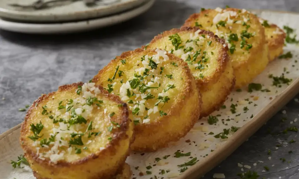 Cinq rondelles dorées de polenta croustillante, saupoudrées de persil frais et de parmesan râpé, sur un plateau.