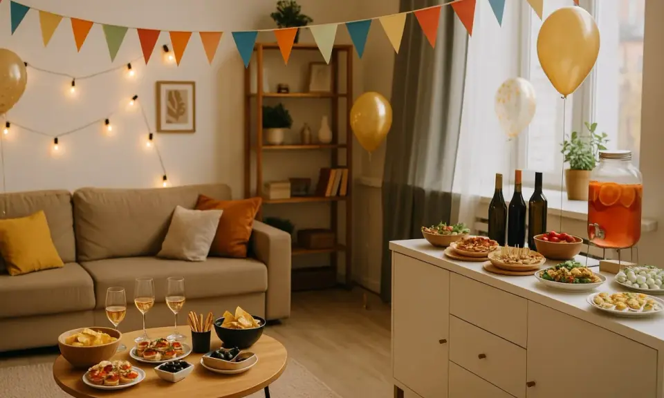 Décoration festive pour une pendaison de crémaillère : guirlandes, ballons, canapés confortables et buffet garni de mets délicieux.