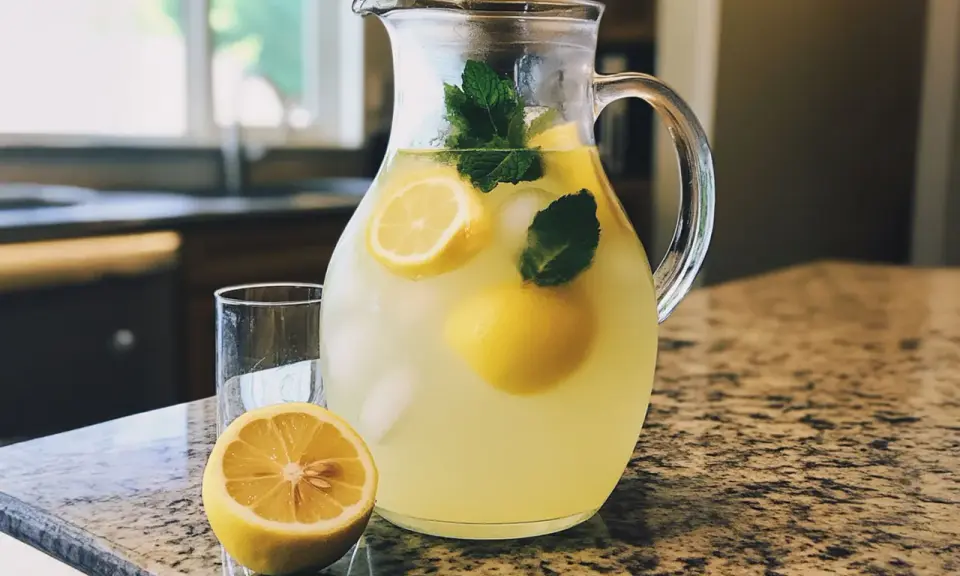 Un pichet de citronnade maison rafraîchissante, garni de citrons et de menthe, prêt à être servi avec un verre et un demi-citron sur un comptoir.