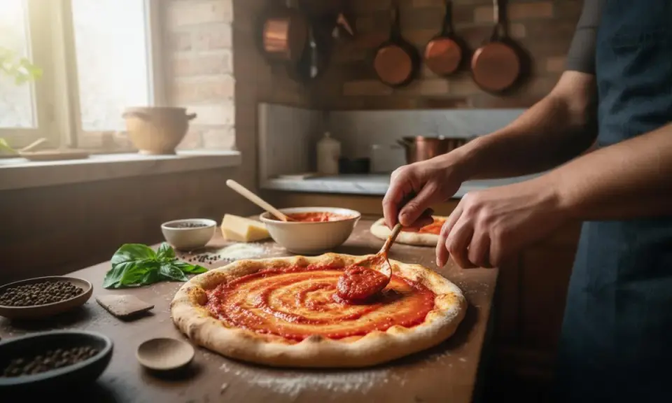 Une main étalant de la sauce tomate sur une pâte à pizza, des ingrédients frais à proximité, pour faire une pizza maison.