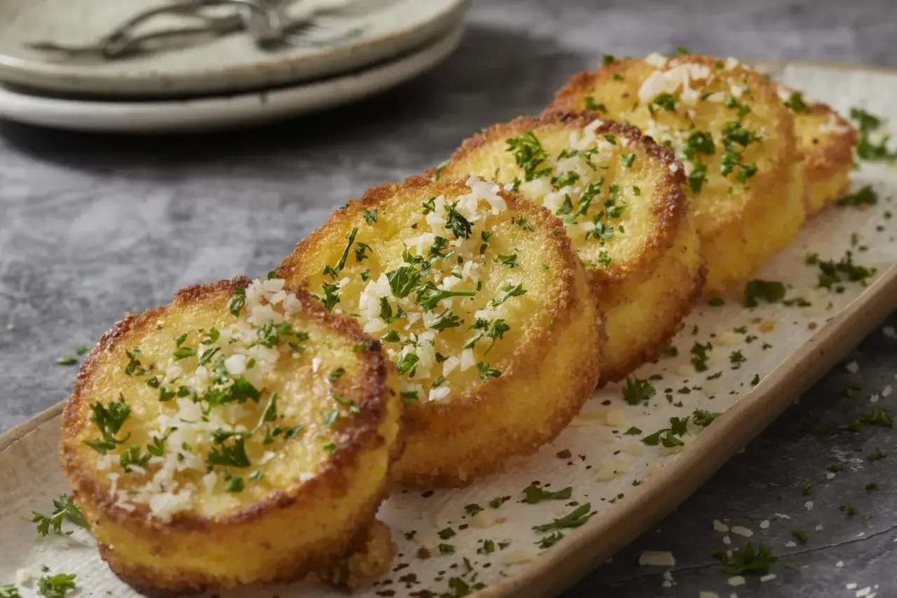 Cinq rondelles dorées de polenta croustillante, saupoudrées de persil frais et de parmesan râpé, sur un plateau.