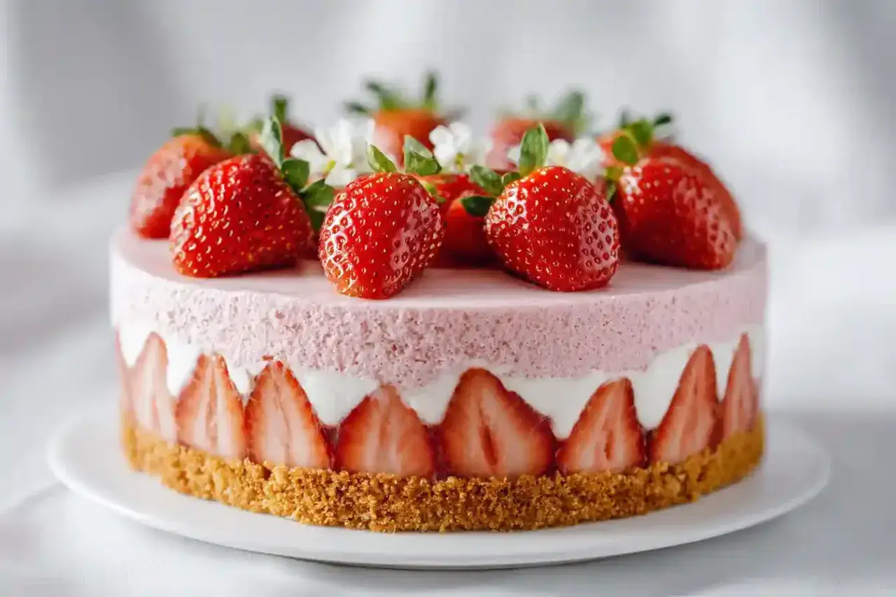 Un délicieux gâteau fraise, orné de fruits rouges frais et de crème onctueuse, sur une base croustillante. Un vrai régal pour les yeux et les papilles !