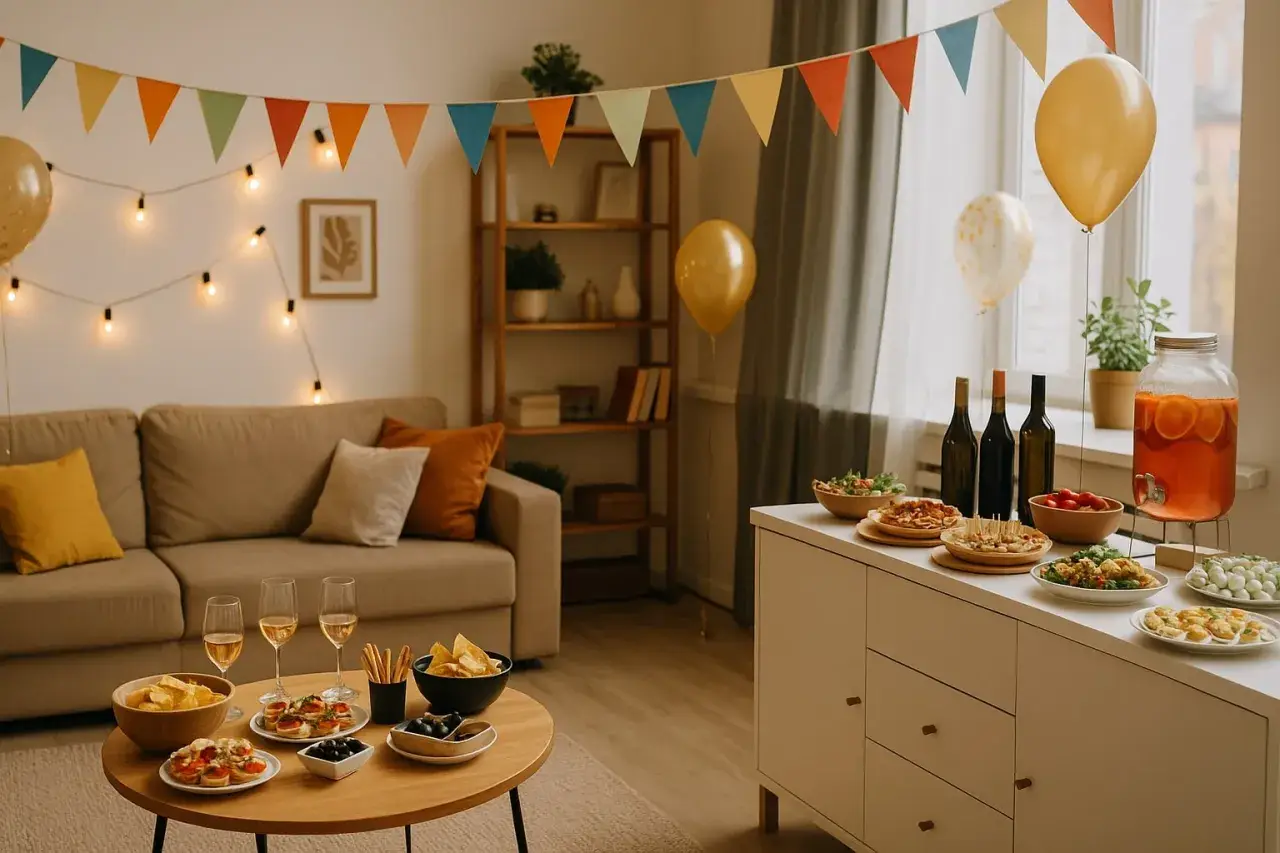 Décoration festive pour une pendaison de crémaillère : guirlandes, ballons, canapés confortables et buffet garni de mets délicieux.