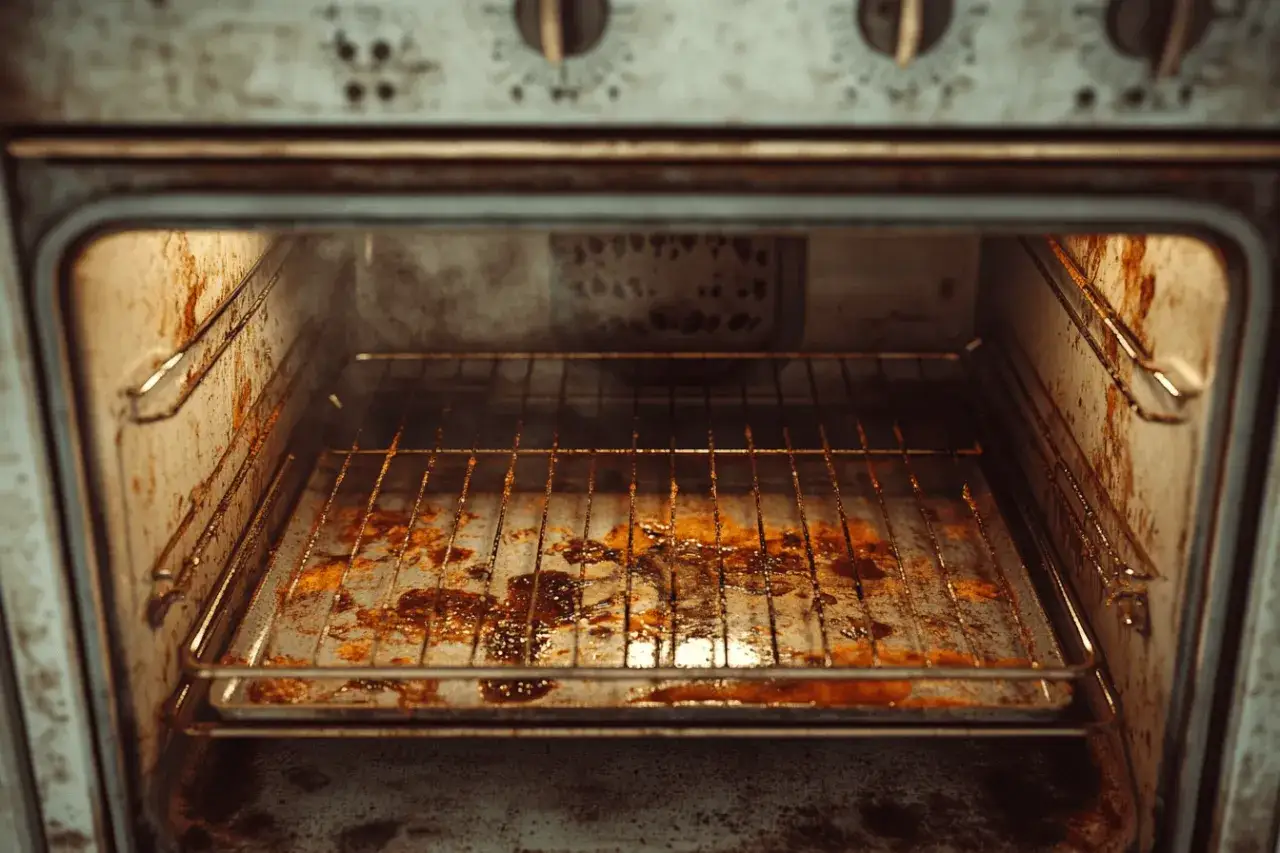 Int&eacute;rieur d'un four sale avec une plaque de cuisson et une grille pleines de r&eacute;sidus br&ucirc;l&eacute;s. Apprenez comment enlever du br&ucirc;l&eacute; sur une plaque de four.