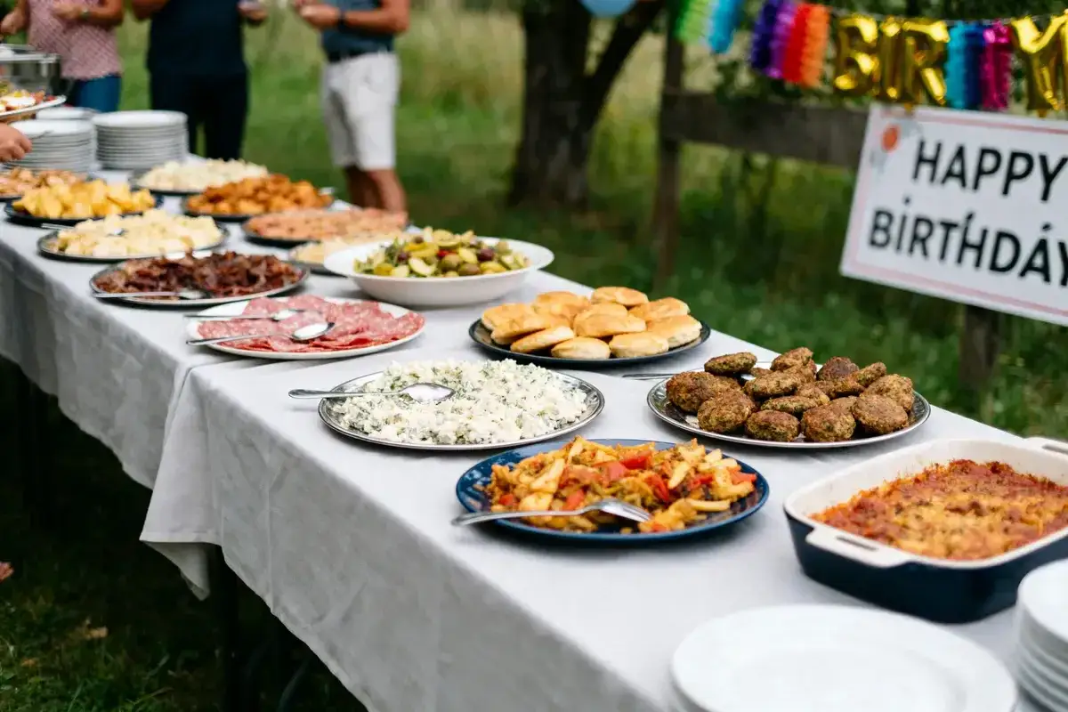 Buffet d'entrée repas anniversaire adulte : salaisons, salades, pains, boulettes et gratin.