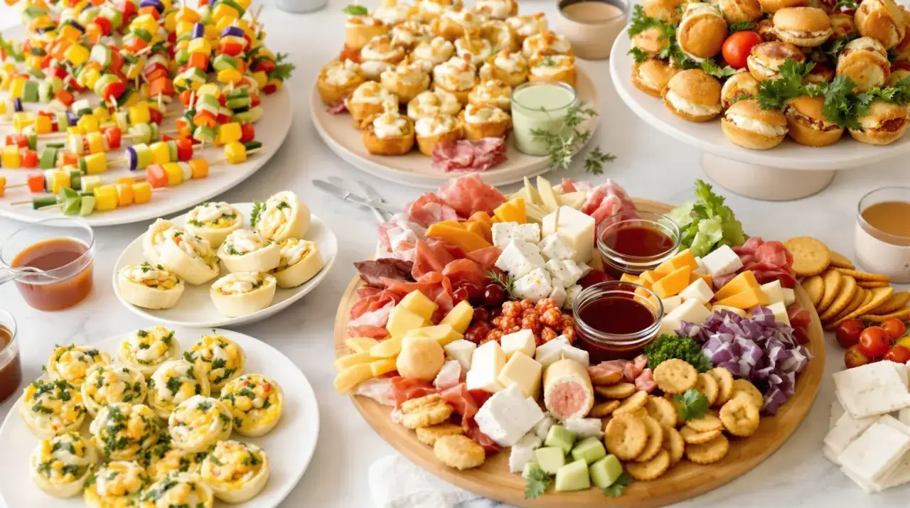 Plateau de petits fours vari&eacute;s : brochettes de l&eacute;gumes color&eacute;s, mini-sandwichs, roul&eacute;s sal&eacute;s et plateau de charcuterie et fromages. Id&eacute;al pour une recette petit four r&eacute;ussie.