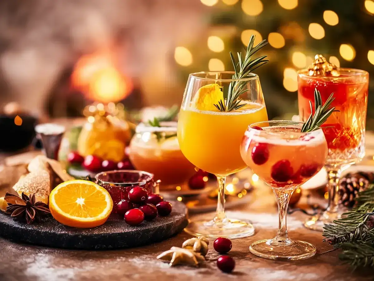 Trois verres de boisson sans alcool pour accompagner un repas festif, ornés de romarin et de fruits rouges. Ambiance chaleureuse près d'une cheminée.