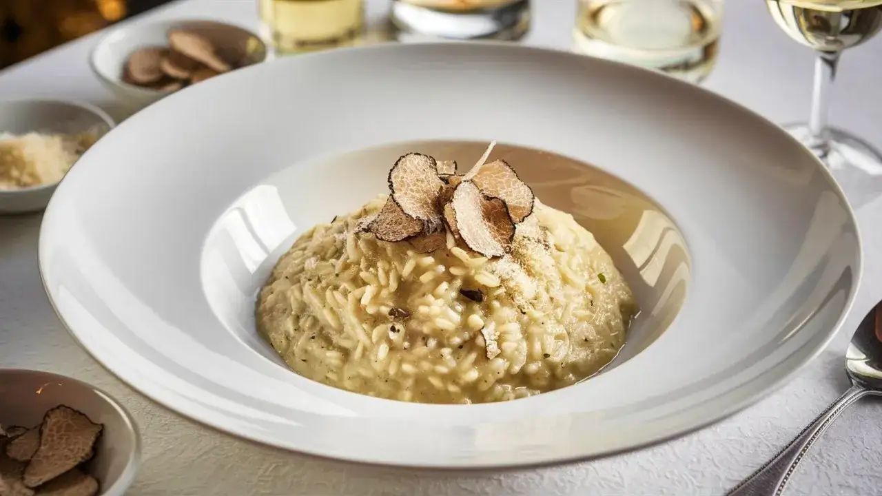 Un cr&eacute;meux risotto &agrave; la truffe, garni de fines lamelles de truffe noire, servi dans une assiette blanche &eacute;l&eacute;gante.