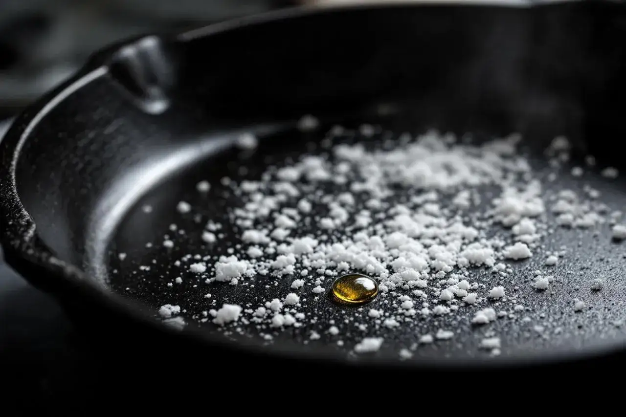 Goutte d'huile dorée sur une casserole noircie parsemée de sel fin, prête pour une cuisson savoureuse.