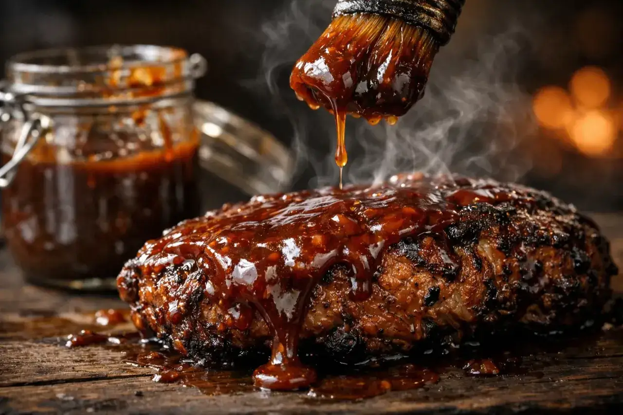 Un pinceau d&eacute;pose une sauce pour barbecue brillante sur un plat de viande fumant. Un pot de sauce est visible en arri&egrave;re-plan.
