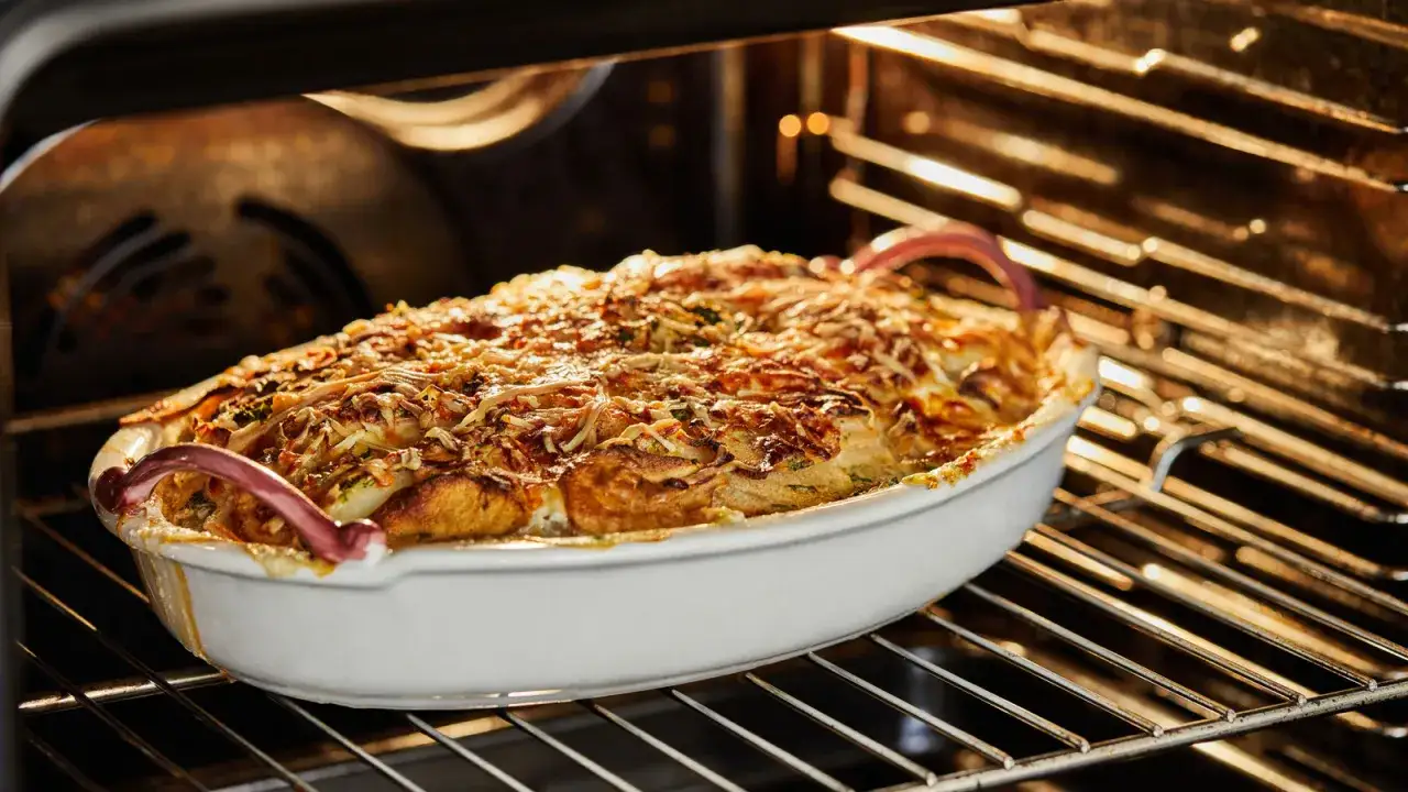 Un plat gratin&eacute; dans un plat blanc est sur le point de r&eacute;chauffer un plat au four. Le fromage dor&eacute; et les bords croustillants promettent un d&eacute;lice.