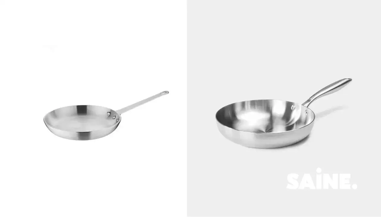 Deux poêles en inox ou aluminium, l'une à fond plat, l'autre plus profonde, prêtes à cuisiner.