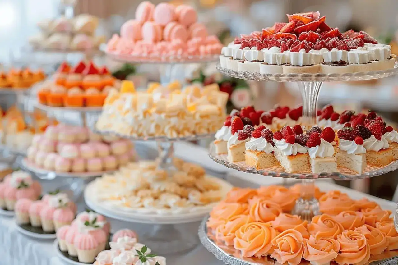 Un magnifique buffet dessert avec macarons roses, gâteaux aux fruits, mini-pâtisseries et roses en crème.