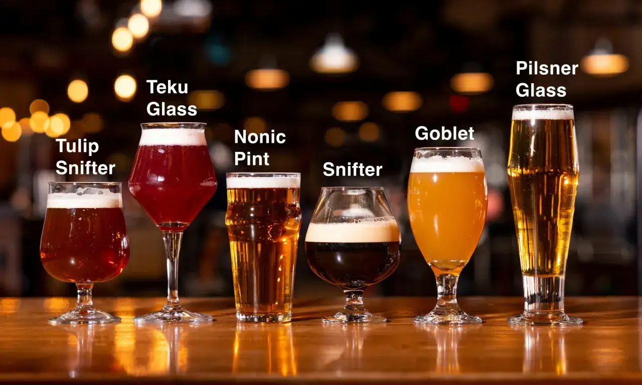 Six verres de bière différents, chacun avec une couleur et une mousse distinctes, sur un bar en bois. Lequel contient la meilleur bière du monde ?