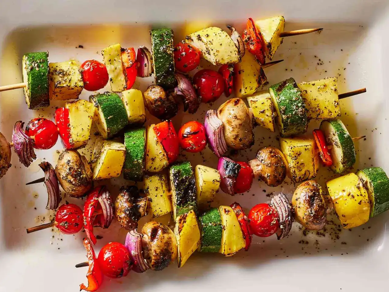 Brochettes de barbecue v&eacute;g&eacute;tarien color&eacute;es : courgettes, tomates cerises, oignons rouges, champignons et poivrons grill&eacute;s sur des pics en bois.