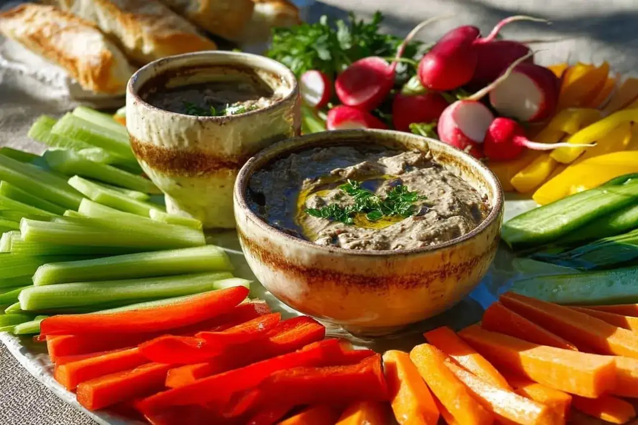 Anchoïade recette traditionnelle : un plat de crudités colorées (carottes, poivrons, concombres, radis) avec deux bols d'anchoïade, garnie d'herbes et d'huile d'olive.