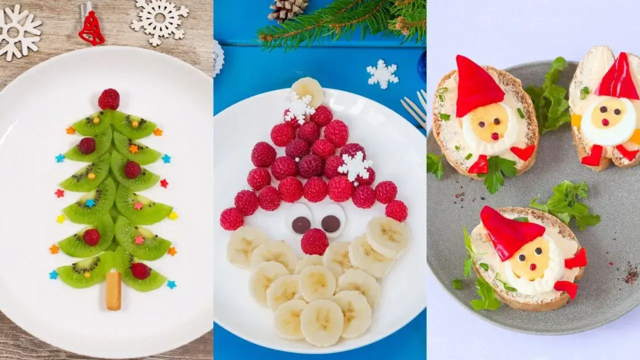 Arbre de No&euml;l en kiwi, P&egrave;re No&euml;l en framboises et bananes, et toasts lutins : des id&eacute;es de repas de No&euml;l pour enfant joyeuses et gourmandes.