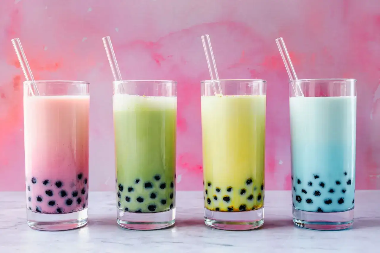 Quatre verres de bubble tea aux saveurs variées : rose, vert, jaune et bleu, avec des perles noires au fond.
