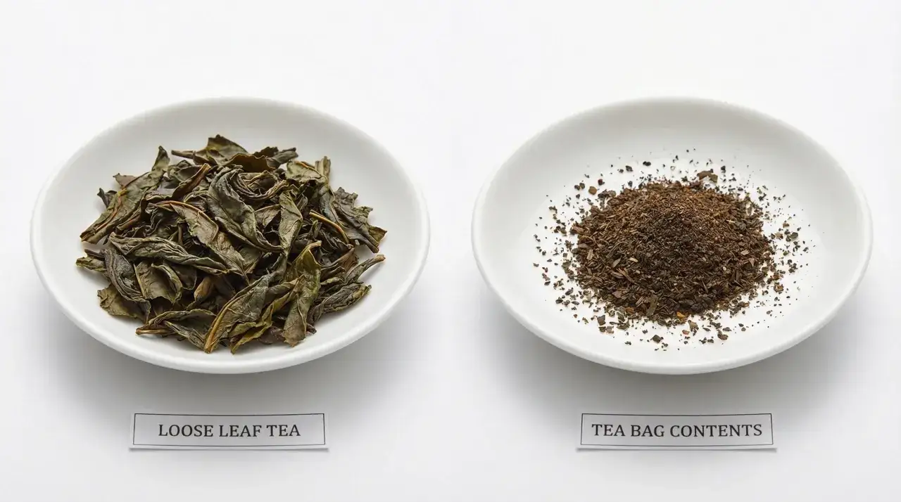 Deux assiettes blanches présentent du thé : feuilles entières à gauche, poudre à droite. Le thé en vrac promet le meilleur thé.