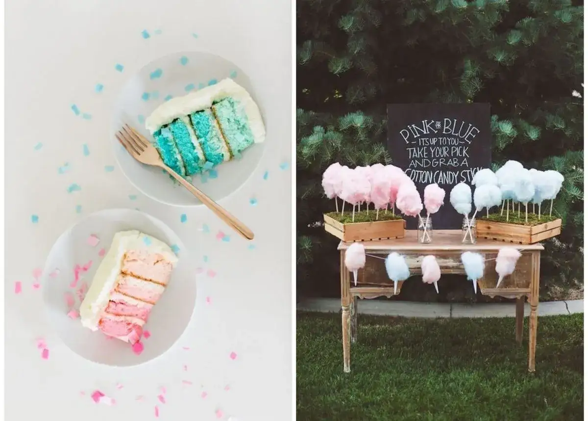 Gâteau rose et bleu pour une annonce sexe du bébé. Barbe à papa rose et bleue sur une table extérieure.