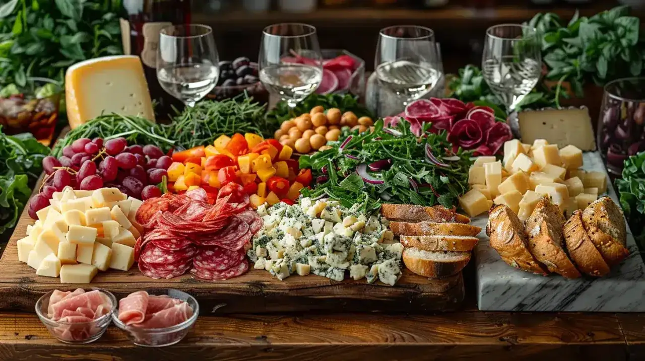 Un plateau g&eacute;n&eacute;reux pour un entr&eacute;e mariage repas : fromages vari&eacute;s, charcuteries fines, fruits, l&eacute;gumes croquants et pains artisanaux.