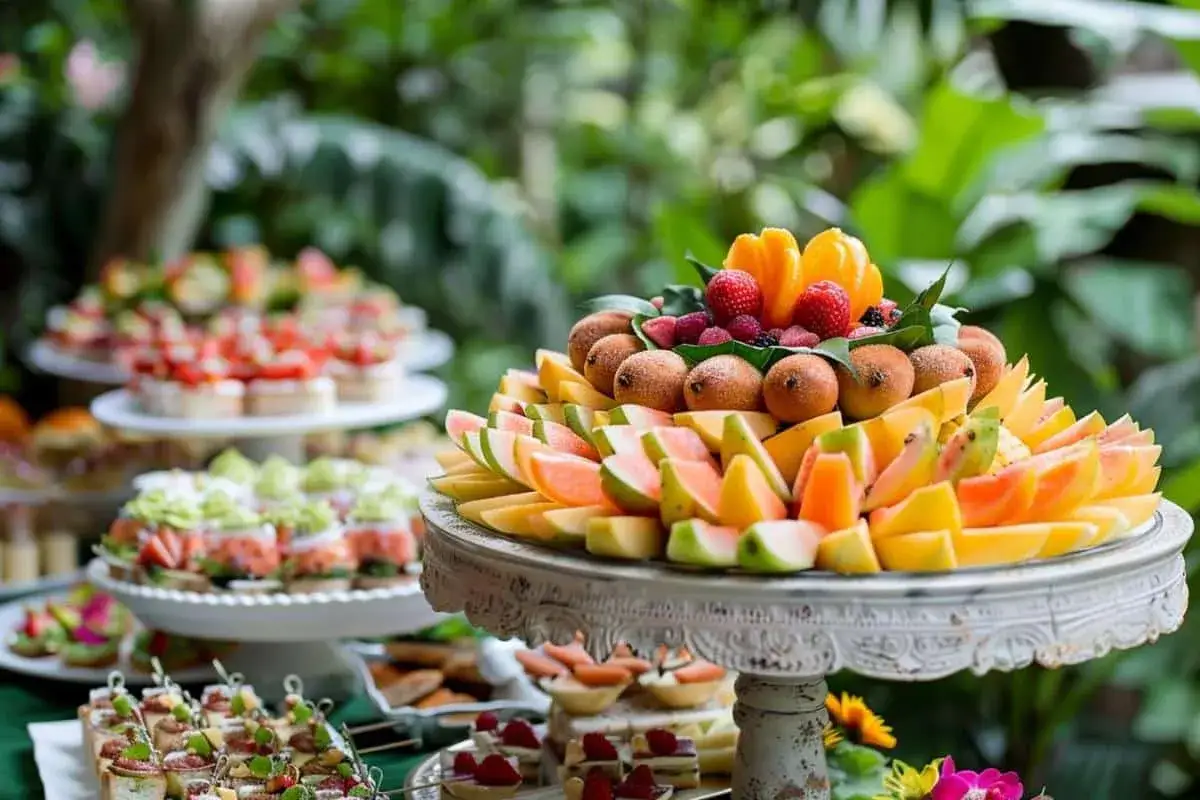 Un magnifique plat soiree de fruits frais, un délice coloré pour un événement en plein air.