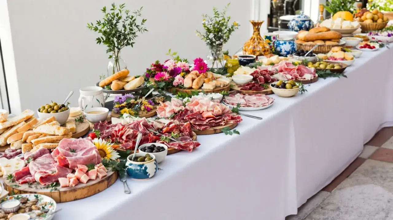 Un buffet g&eacute;n&eacute;reux de charcuterie et de pain, parfait pour une f&ecirc;te d'anniversaire. Des assiettes de jambon, saucisson, olives et fromages.