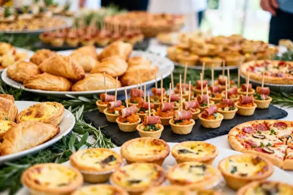 Buffet d'entrée pour un repas d'anniversaire adulte : mini-quiches, feuilletés, tartes salées, pizzas et amuse-bouches.